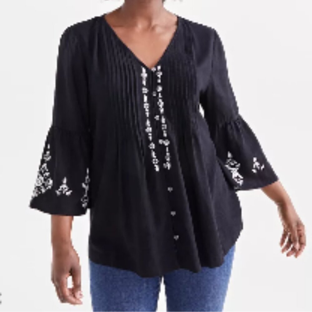 Style & Co‎ Top Women's XL Black White V-Neck Pintuck Embroidery Linen-Modal